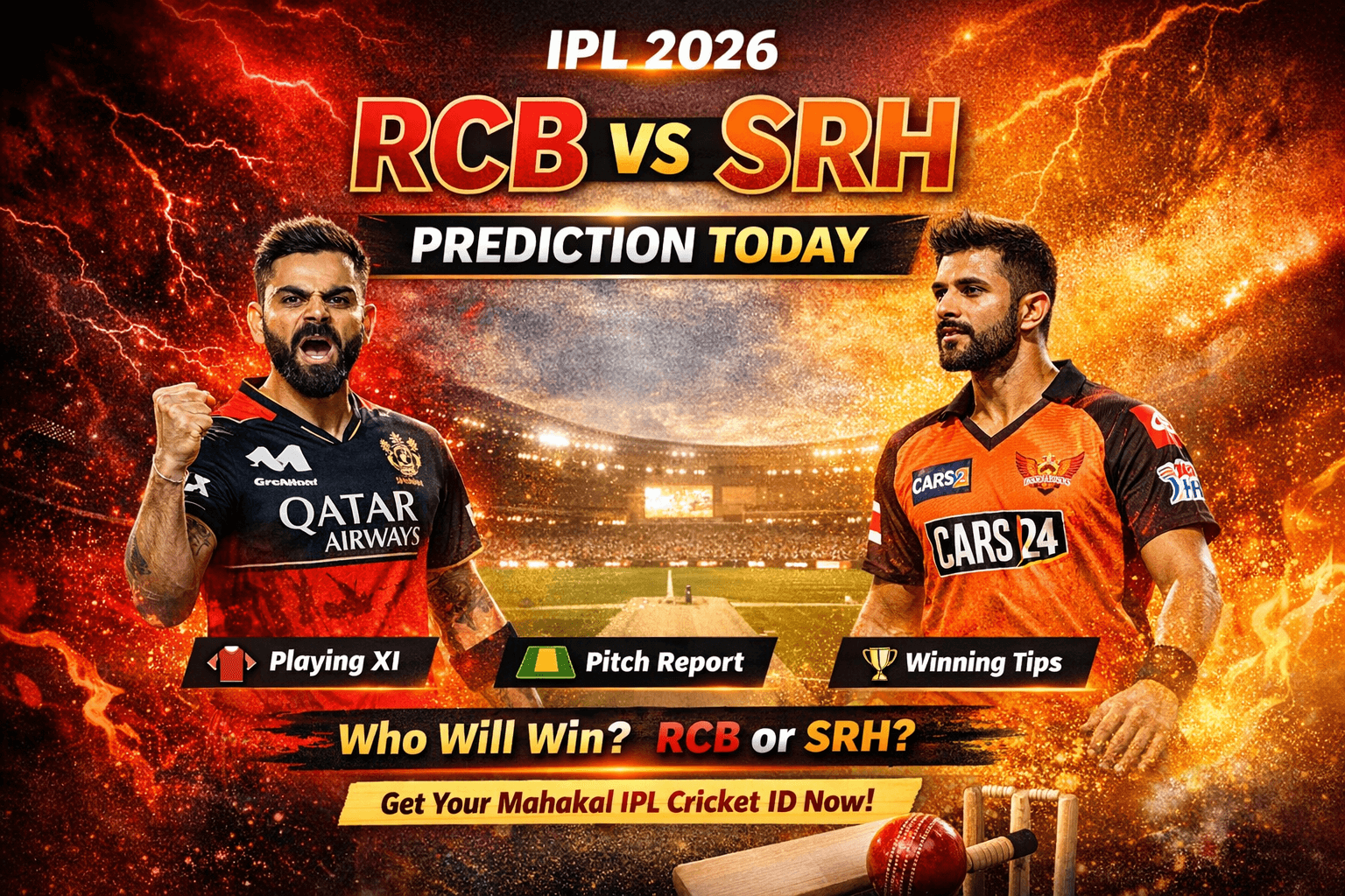 RCB vs SRH Prediction Today IPL 2026 🔥 Playing XI, Pitch Report & Winning Tips